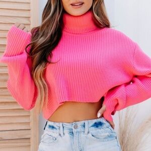 ALTARD STATE WOMENS HOT PINK CROPPED TURTLENECK SWEATER LARGE
